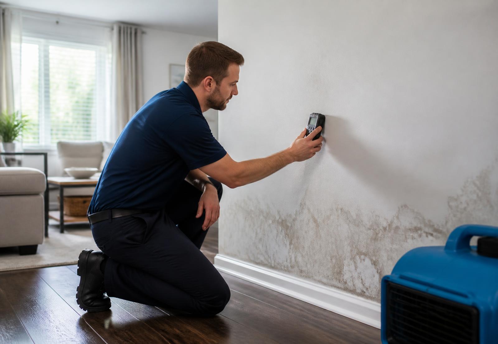 Restoration technician checking a wall with a moisture meter inside a home