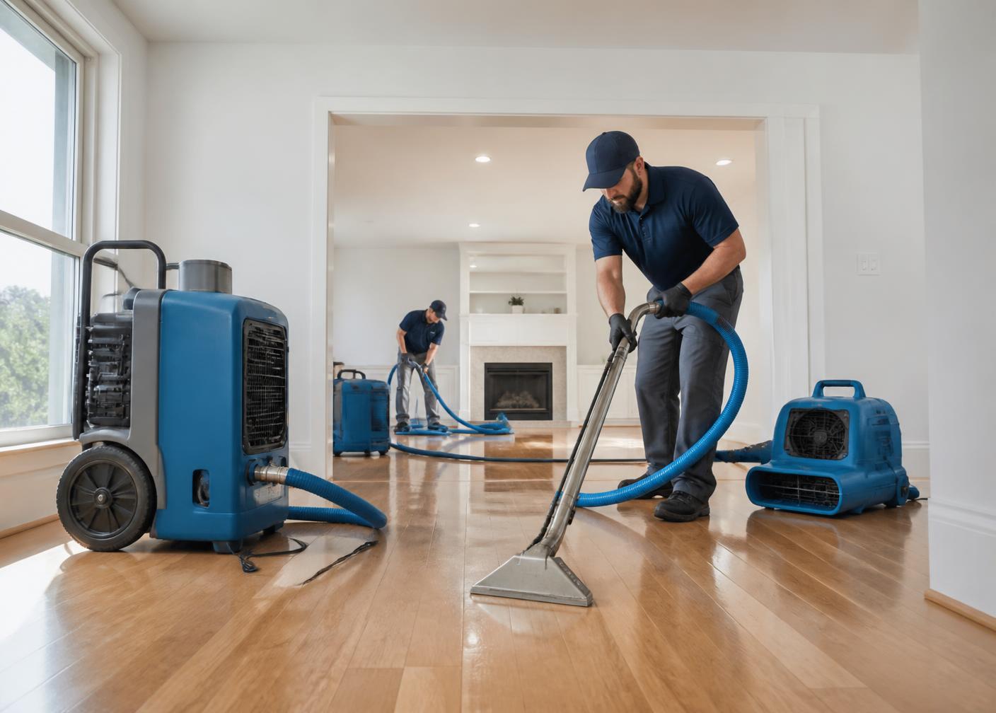 Technicians extracting water and running drying equipment in a home